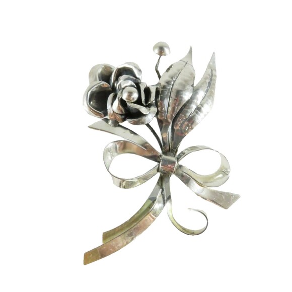 Large 4" Sterling Silver Flower Spray Brooch Ribbon Bow Handwrought Repair - Picture 1 of 13